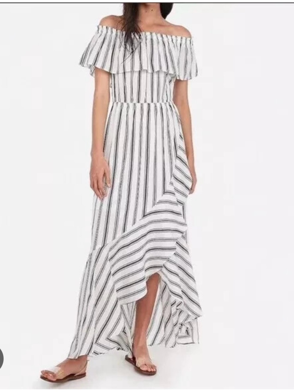 Express White and Black Striped Off-Shoulder Maxi Dress XXS